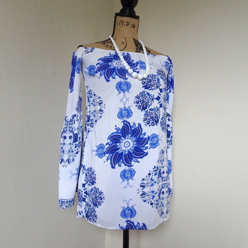 White & Blue Floral Off the Shoulder Top